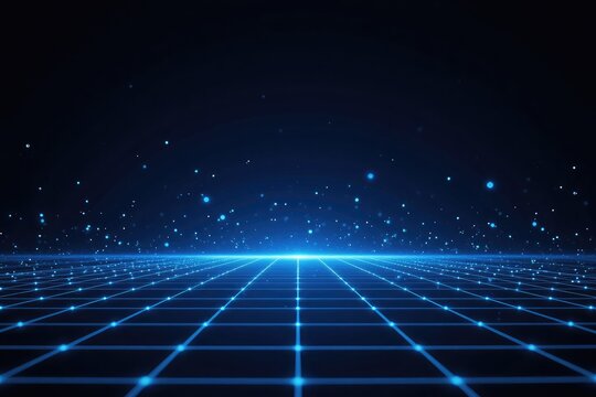 Dark blue gridded background with thin white lines creating depth, floating light particles, glowing futuristic lights from bottom to upper left, clean digital sci-fi design with space for text