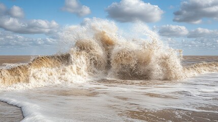 A large ocean wave crashing onto the sandy beach on a cloudy day