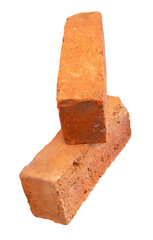 Side view of two cracked old red or orange bricks in stack isolated on white background with clipping path