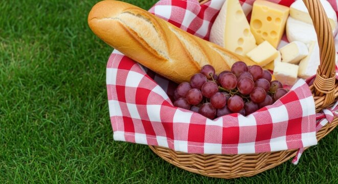 National picnic month celebration with bread, cheese, and grapes on red checkered blanket