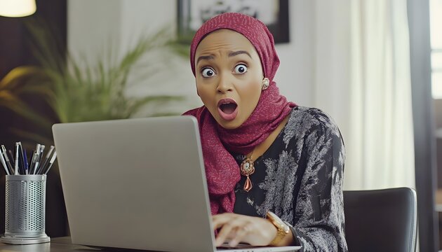 Woman with surprised expression looking at a laptop.