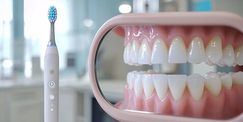 Dental mirror reflecting teeth in close up a modern dental clinic interior a top down view of oral care essentials a futuristic smart toothbrush connected to an app
