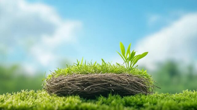 Serene Nest of Life: A close-up shot of a meticulously crafted nest, verdant with vibrant moss and a fledgling plant reaching towards a backdrop of a soft, cloud-speckled sky.