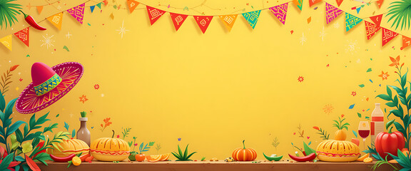 Colorful Top View of Mexican Celebration Items on Bright Background. Copy space