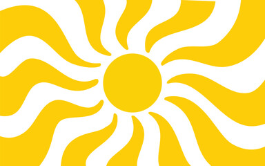 Yellow sun with wavy rays background. Poster with sunburst, sunrise or sunset in trendy 60 s 70s 80s groovy style. Preppy summer theme background. Modern psychedelic print. Vector flat illustration.