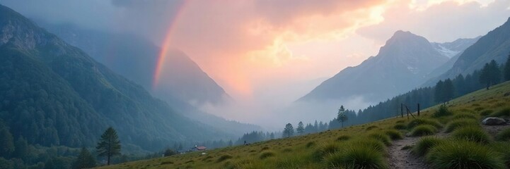 Obraz premium Ethereal arc of muted colors appearing in a misty mountain valley, a rare and beautiful atmospheric phenomenon A subtle, almost spectral rainbow , still, landscape, uncommon