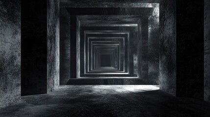 Dark, concrete tunnel perspective