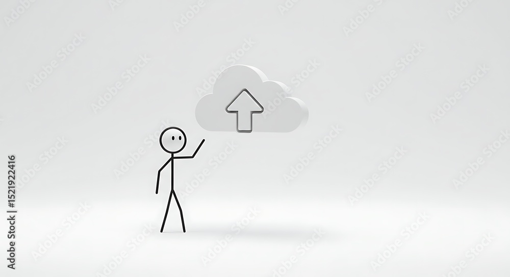 Poster stick figure interacting with upload cloud icon