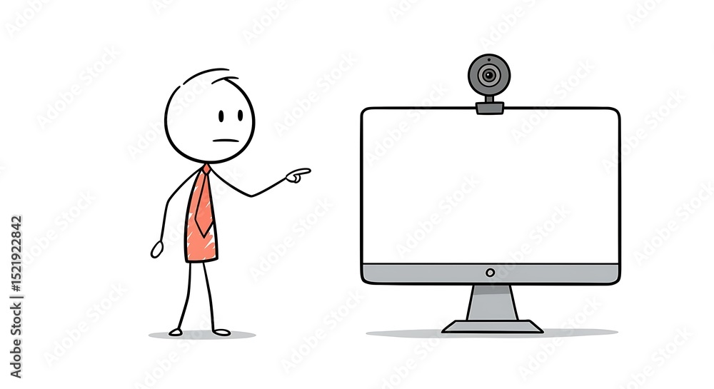 Poster stick figure pointing at blank computer screen with webcam attac