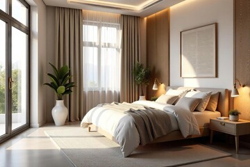 Serene bedroom interior with soft lighting, plush textiles, and minimalist decor creating a peaceful and calming atmosphere Ideal for relaxation and restful sleep , aesthetic, peaceful, restful