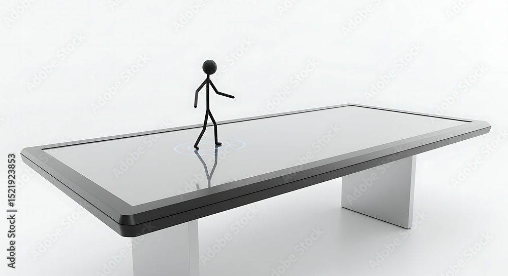 Poster stick figure strides across interactive table with subtle blue c