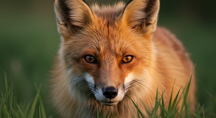 Fototapeta premium Red Fox Stare: A close-up view of a captivating red fox gazing intently from within a field of grass, its amber eyes reflecting the wildness of nature.