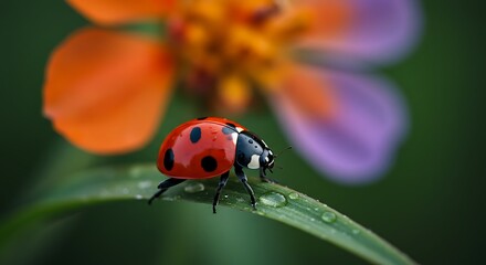 Ladybug's Serene Perch: A ladybug with vivid red and black spots, rests on a delicate blade of grass, a vibrant floral backdrop completes this natural masterpiece.