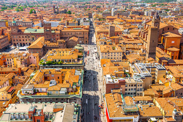 The main street called Via Rizzoli in the old part of the city center of Bologna, Italy