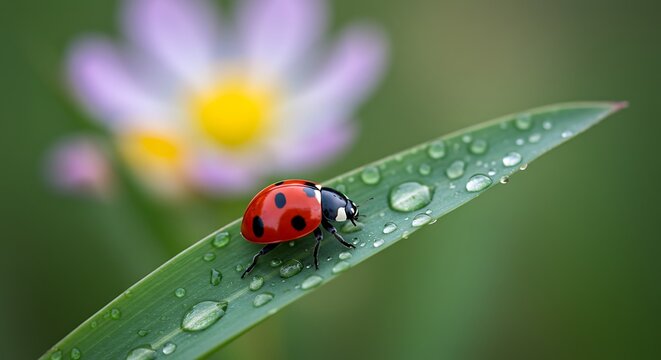 Ladybug's Morning Dew: A captivating image of a vibrant ladybug perched on a blade of grass adorned with glistening morning dew drops, creating a refreshing natural scene. 