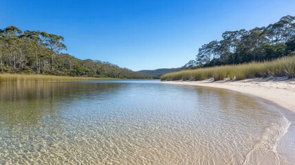 A serene view of a sandy beach and crystal clear water