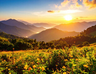 Breathtaking sunrise over mountain landscape, showcasing vibrant flowers in foreground and rolling hills in background, evokes sense of freedom and tranquility
