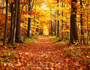 Serene pathway through vibrant autumn forest, surrounded by trees adorned with golden and orange leaves, creating picturesque natural scene