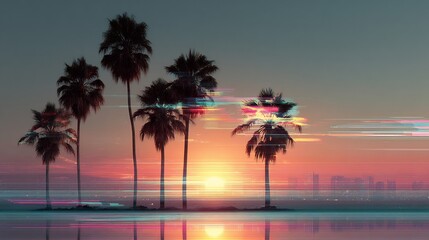 Obraz premium Aesthetic Sunset with Palm Trees and Digital Glitch Effects, a Modern Retrowave