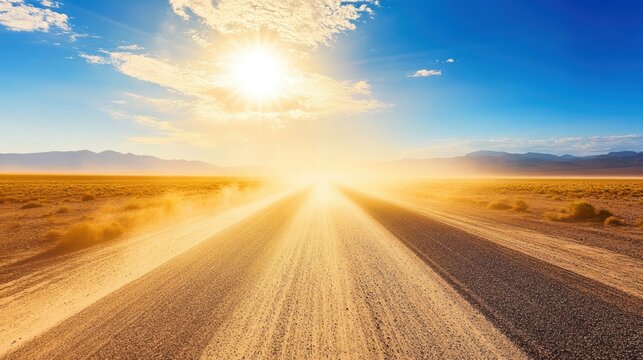 Dirt road disappearing into bright sunlight over the desert landscape