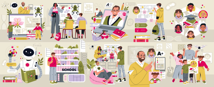 Educational Vector Illustration of Diverse Classroom Activities