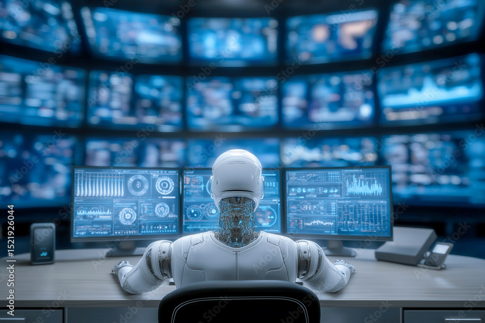 Poster ai robot engaged in data analysis surrounded by multiple holographic screens displaying complex info