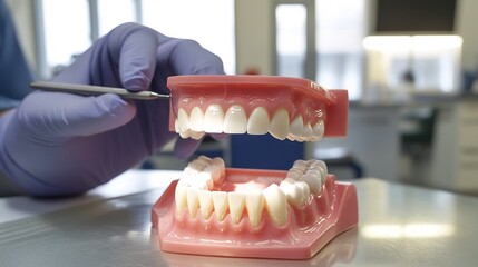 Dentist explaining dental bonding to a patient using a 3D model of teeth well lit clinic environment professional setting educational focus