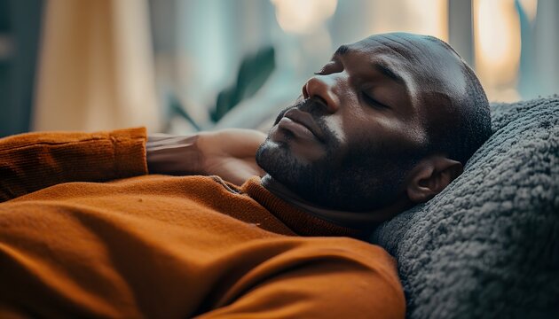 A man sleeps soundly on a couch.