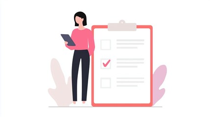 Woman standing beside a large checklist with a smartphone in hand, demonstrating organization and productivity in a modern workspace with soft colors and abstract shapes