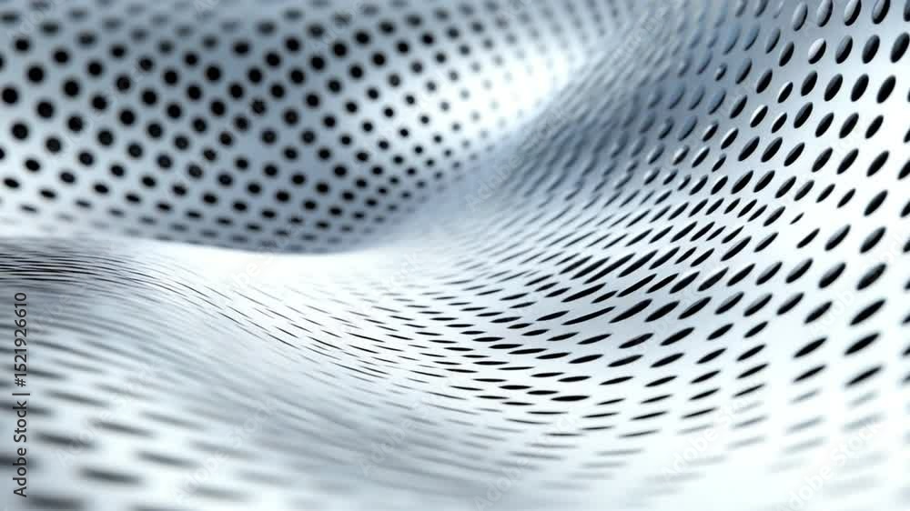 Poster Abstract Metal Mesh: Abstract image of a silver metal mesh forming dynamic wave-like shapes. The circular perforations create a subtle texture.