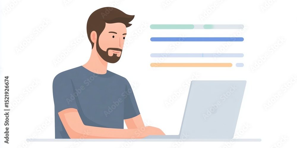 Poster young man with beard working on laptop in a modern workspace, focused on coding, with colorful graph