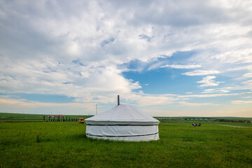 The Mongolian yurts on the Horonor Grassland in Hulunbuir City, Inner Mongolia Autonomous Region, China