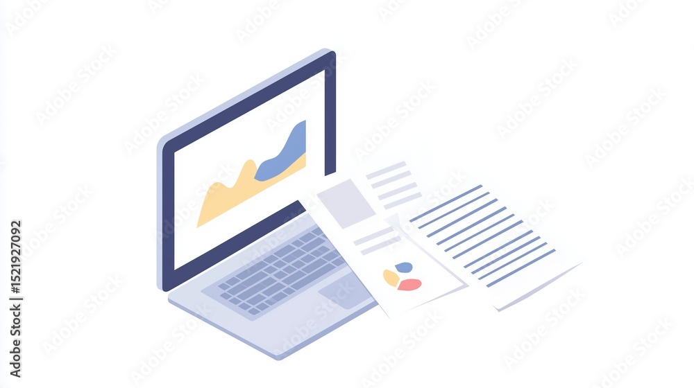 Poster laptop displaying colorful graphs and charts, surrounded by documents and reports, illustrating data