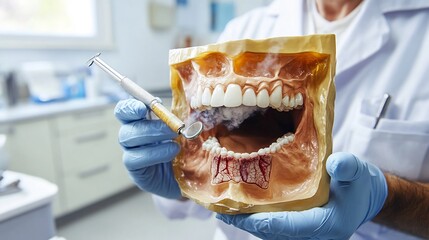 Dentist holding a large oversized model of a smokers mouth with damaged gums educational demonstration clinic background