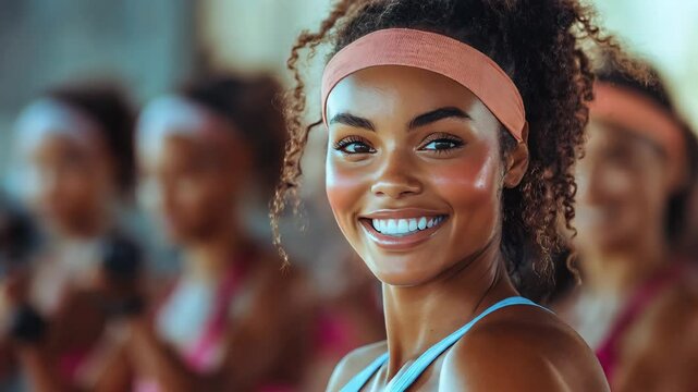 Energetic women enjoying zumba dance in brightly lit fitness class, showcasing joyful exercise and vibrant health concept