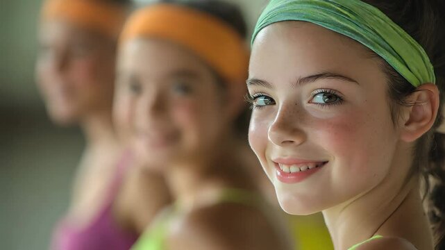 Smiling young women in colorful headbands enjoying energetic zumba dance and fitness class in a group setting