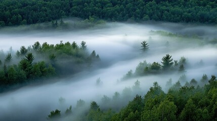 Fototapeta premium Dense fog over a lush green forest creates beautiful atmosphere
