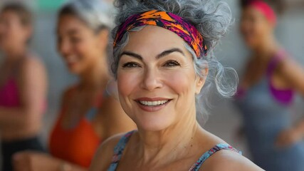 Energetic zumba dance and fitness class with smiling mature woman in vibrant attire, embracing fun and wellness concept