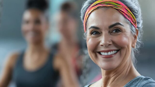Energetic middle-aged woman enjoying zumba dance in a group fitness class, emphasizing joy and health, with blurred classmates in background. concept: zumba dance and fitness class