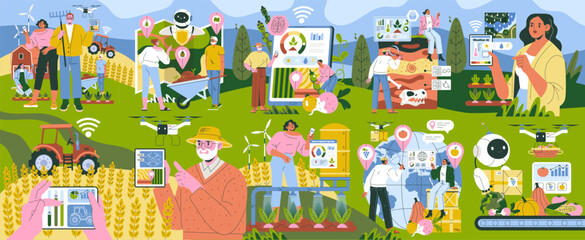 Sustainable Farming with AI and Drones Vector Illustration