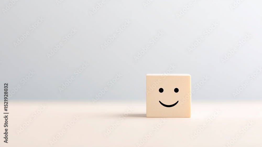 Poster smiling cube with a happy face on a soft surface, illuminated by gentle light, creating a cheerful a
