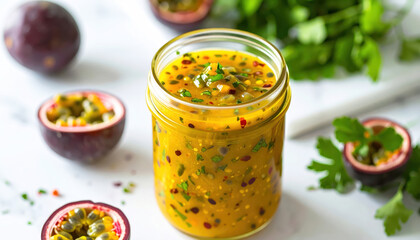 A Passionfruit vinaigrette in glass jar with fresh herbs and halved passionfruits on white marble background