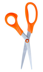 Medium open multipurpose scissors with orange handle in vertical isolated with clipping path in png...