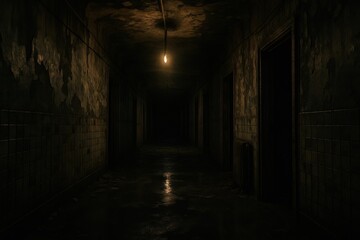 Obraz premium Atmospheric and eerie abandoned asylum hallway with decaying walls, flickering lights, and long shadows, evoking a sense_of suspense and psychological horror, cinematic style.