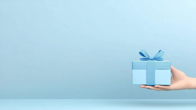 A Hand Offering a Light Blue Gift Box with a Bow