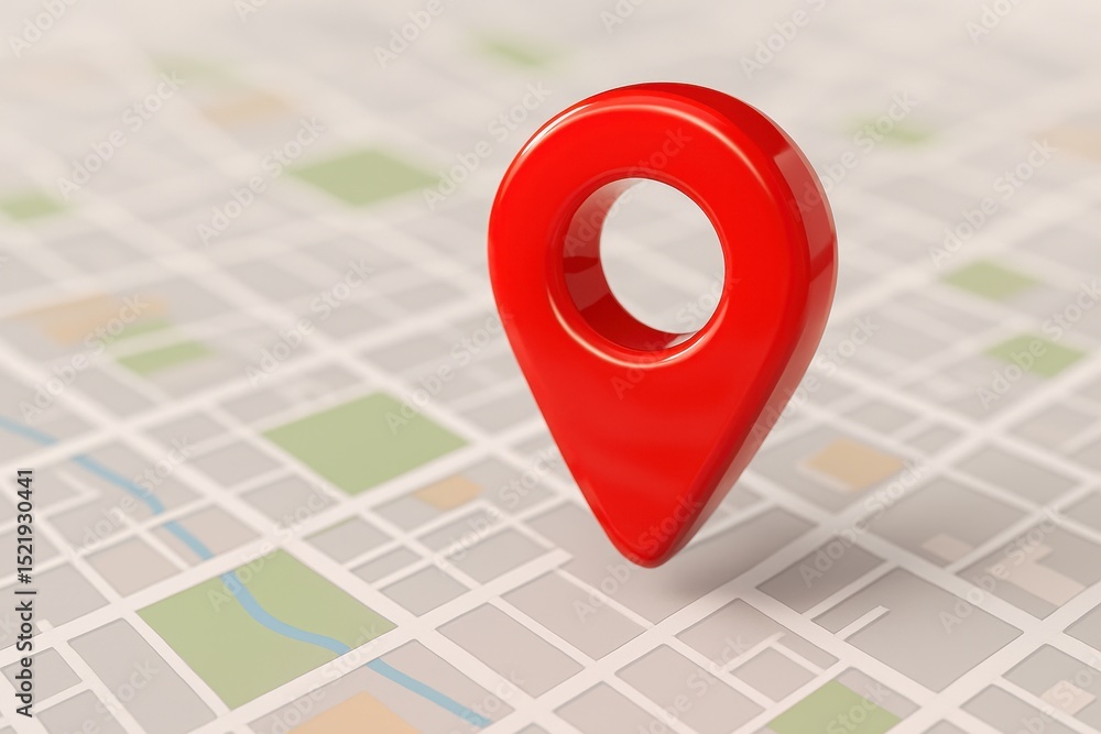 Aufkleber bright red 3d location pin icon hovering over a stylized, slightly blurred aerial map of a generic c