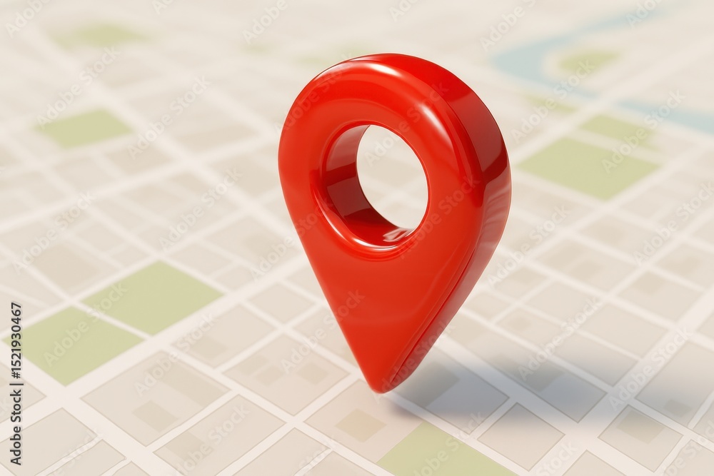 Aufkleber bright red 3d location pin icon hovering over a stylized, slightly blurred aerial map of a generic c