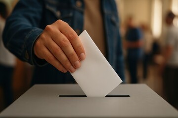 Citizen Casting a Vote into a Ballot Box During an Election a close-up on the hand and ballot, symbolizing democracy, civic duty, and the voting process, blurred background