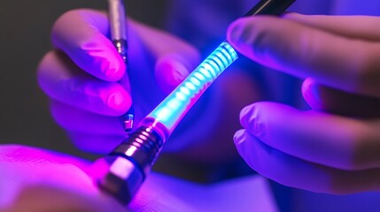 Dentist using a UV light to harden dental bonding material on a patients tooth glowing effect advanced dental procedure
