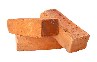 Side view of three cracked old red or orange bricks in stack isolated on white background with clipping path